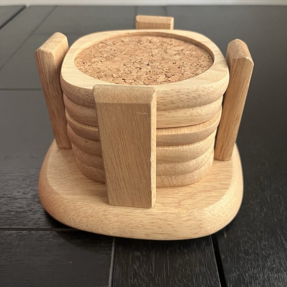 Vintage wood cork coaster set of 6 with holder New Blond Wood Farmhouse Rustic